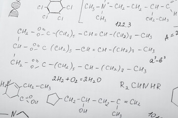 Sheet of paper with many different chemical formulas