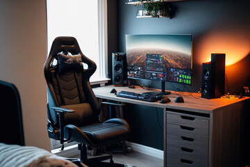 general view of a gamer's home office, which includes a PC and controller. Generative AI