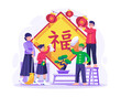 © agny_illustration - The Asian Family doing house chores together. big cleaning written in Chinese words on couplets, Out with the old in with the new. Vector illustration in flat style