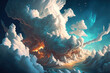 Leinwanddruck Bild - Fantastic and exotic surroundings a swirling sea of white clouds. Digital CG Artwork for Video Games, Concept, and Realistic Cartoon Style Background. Generative AI