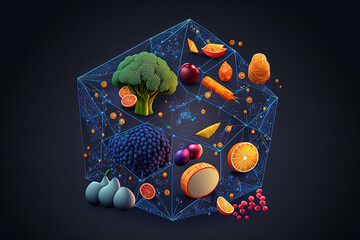 Conceptual illustration of futuristic healthy eating, vitamin rich food, glowing low polygonal pill, fruits, and veggies on a dark blue backdrop. Modern illustration of a wireframe mesh design