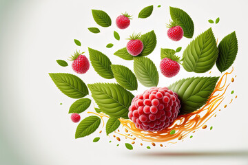 Sticker - Flying flowers, foliage, and juicy raspberries on a white backdrop with an isolated background. High resolution illustration of a food levitation concept. Generative AI