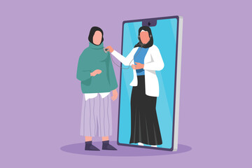 Wall Mural - Graphic flat design drawing Arabian female doctor comes out of smartphone screen and checking female patient heart rate using stethoscope. Online doctor or medical. Cartoon style vector illustration