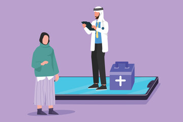 Wall Mural - Graphic flat design drawing Arabian male doctor standing on smartphone screen and talking with female patient. Digital online medical healthcare service consultation. Cartoon style vector illustration