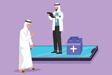 Wall Mural - Cartoon flat style drawing Arab male doctor standing on big smartphone screen and talking with male patient. Digital online medical healthcare service consultation. Graphic design vector illustration