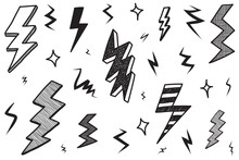 Set Of Hand Drawn Vector Doodle Electric Lightning Bolt Symbol Sketch Illustrations. Thunder Symbol Doodle Icon .