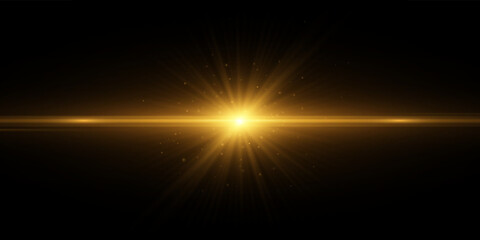 golden light effect with sparks isolated on black background. yellow flare. blue rays. vector illust