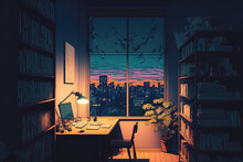 A City At Night As Seen From A Window. Anime, Manga, And Lofi. Desk For Studying. Cool, Inviting, And Comfy Space. Messy Setting Digital Artwork Of A Serene, Bright Apartment. 4K Backdrop, Wallpaper
