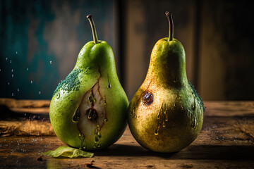 Selective focus of two young green pears on a wooden table with water drips. Generative AI