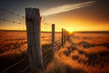 Sunrise In Alberta, Canada, Behind A Wooden Barbed Wire Fence Over Untamed Prairie Grasslands. Generative AI