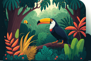 View of a jungle forest, with a cartoon style flat banner. A toucan is perched on a branch in a landscape of lush tropical trees, plants, and bushes. panorama of wildlife and scenery. an example of a