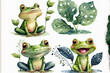 Funny frog watercolor set in different poses on a white background with a lotus leaf and flower. Illustration. Generative AI