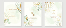 Luxury Wedding Invitation Card Template. Watercolor Card With Gold Line Art, Leaves Branches, Foliage. Elegant Autumn Botanical Vector Design Suitable For Banner, Cover, Invitation.