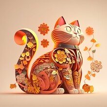 Paper Cut Quilling Multidimensional Chinese Style Cute Zodiac Cat With Lanterns, Blossom Peach Flower In Background, Chinese New Year. Lunar New Year 2023 Concept. Generative AI
