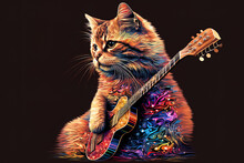 Guitar Picture Of A Kitten Cat. The Phrase Let's Rock. Image In Format. Generative AI