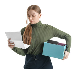 Wall Mural - Fired young woman with order for her dismissal and packed stuff on white background