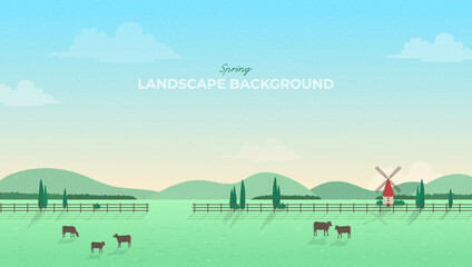 Panorama landscape of spring village with green meadow on hills with blue sky, Countryside of green field with farmhouse,  Windmill, grass, cow, green hills. Flat Design. Trendy vector illustration.