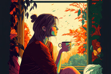 Young lady with contemplative nature sitting on windowsill at home with nice blanket, sipping tea or coffee and gazing out the window. colorful image that was hand made. Concept of thinking and