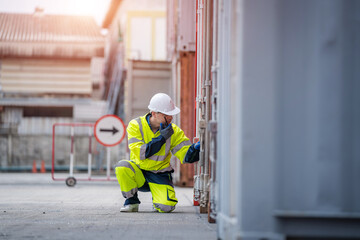 Poster - Engineer using walkie talkie checking stock into container for loading,International shipping logistics.