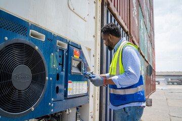 Poster - Engineer or foreman checking about shipping of container box in warehouse stock yard.