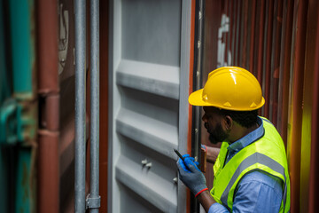 Poster - Engineer or foreman checking about shipping of container box in warehouse stock yard.