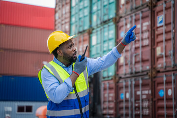 Poster - Foreman control loading containers box for logistic Import and export,Container Shipping Logistics concept.