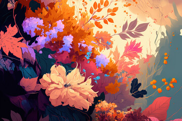 Poster - anime style autumn composition with flowers on a bright backdrop. Generative AI