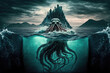 Mysterious monster Cthulhu in the sea, huge tentacles sticking out of the water, landscape. 3d illustration