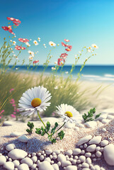 Fototapete - Coastline sea, chamomile flowers on background of surf, flying butterflies. Landscape sea sand and flowers. 3d illustration