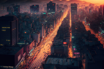 Canvas Print - Conceptual Ai Generated Image (not actual) - Top view of the congested commercial district of Seoul, South Korea, at dusk. Generative AI