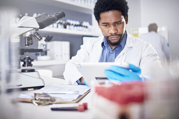 Poster - science, research and black man with tablet, focus and innovation for healthcare and laboratory. sci