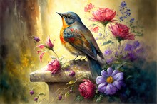  A Painting Of A Bird Sitting On A Bench With Flowers Around It And A Butterfly On The Bench In The Background.