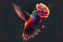  A Colorful Bird Flying Next To A Flower On A Black Background With A Rose In The Middle Of The Photo.