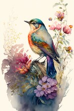  A Bird Sitting On A Branch With Flowers And Leaves Around It.