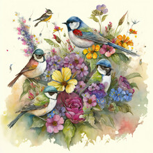  A Painting Of Birds And Flowers On A White Background With Watercolor Paint Effect And A Splash Of Color.