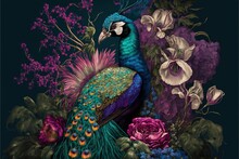  A Painting Of A Peacock Surrounded By Flowers And Flowers On A Dark Background With A Blue Background And A Purple Flower.