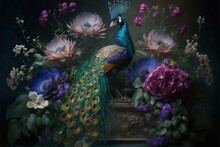  A Peacock Standing In Front Of A Bunch Of Flowers And Flowers In A Vase With A Crown On It. Generative AI