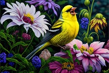  A Painting Of A Yellow Bird Singing In A Garden Of Flowers And Daisies With Purple And Pink Flowers.