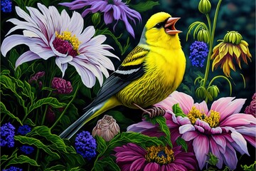  a painting of a yellow bird singing in a garden of flowers and daisies with purple and pink flowers. Generative AI