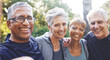 © Jesse B/peopleimages.com - Nature, selfie and senior friends on a hike for wellness, exercise and health in the woods. Happy, smile and portrait of a group of elderly people in retirement in forest trekking together in summer.