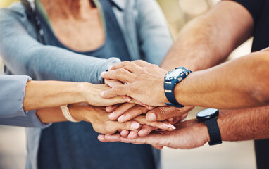 Canvas Print - Hands, group and fitness target for wellness, health and results in nature. Teamwork with hand, friends connect and partnership for deal, goal and success together, celebration and sport achievement.