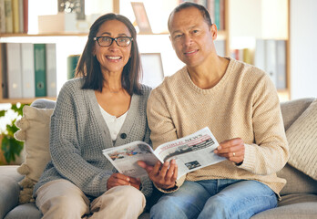 Poster - House, relax or couple with newspaper or magazine reading local political information while resting on living room sofa. Portrait, portrait or happy woman loves reading or bonding with mature partner