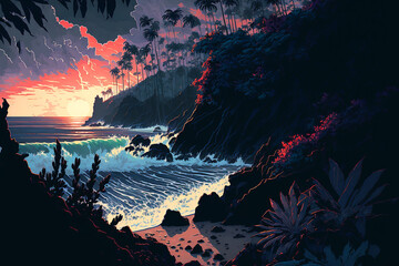 Wall Mural - Black sand beach, tropical forest, waves, whitewater, floating cabanas, puffy clouds, sunset. Generative AI	