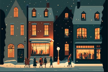 snowy street scene with people bundled up in warm clothing and holiday lights twinkling in the windows of houses, DIGITAL DRAWING (AI Generated)