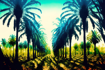 Wall Mural - Growing palm oil plantation under a blue sky. Generative AI