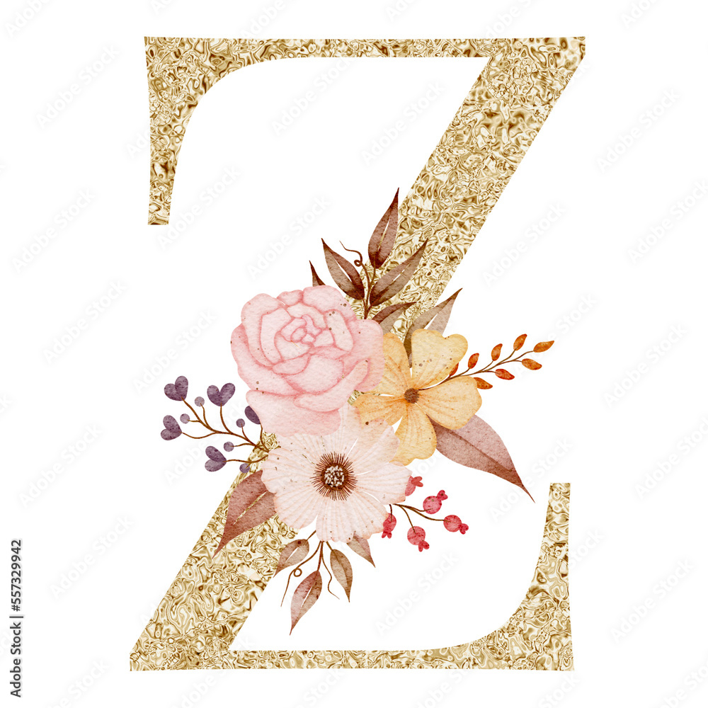 Floral alphabet, gold letter with watercolor flowers and leaf Stock ...