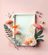 Creative Spring frame made of fresh pastel flowers and leaves. Copy space. Soft pastel background, flat lay. Floral decoration. Illustration, Generative AI.