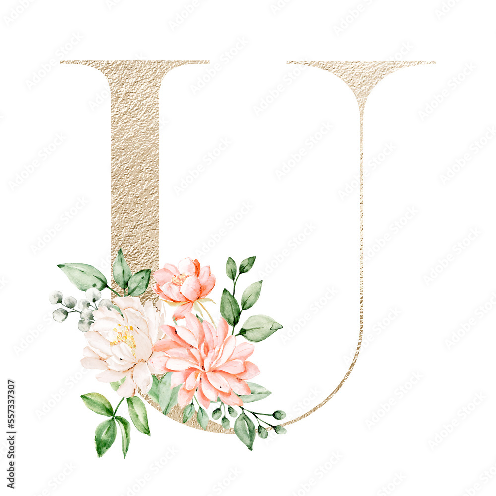 Floral alphabet, gold letter U with watercolor flowers and leaf ...