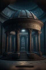 An ancient temple seen in a dark fantasy atmosphere.