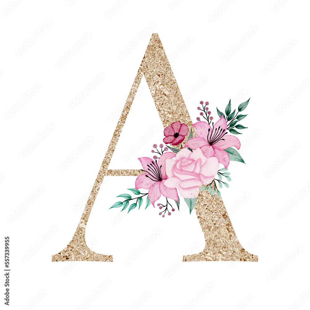 Floral alphabet, gold letter with watercolor flowers and leaf Stock ...